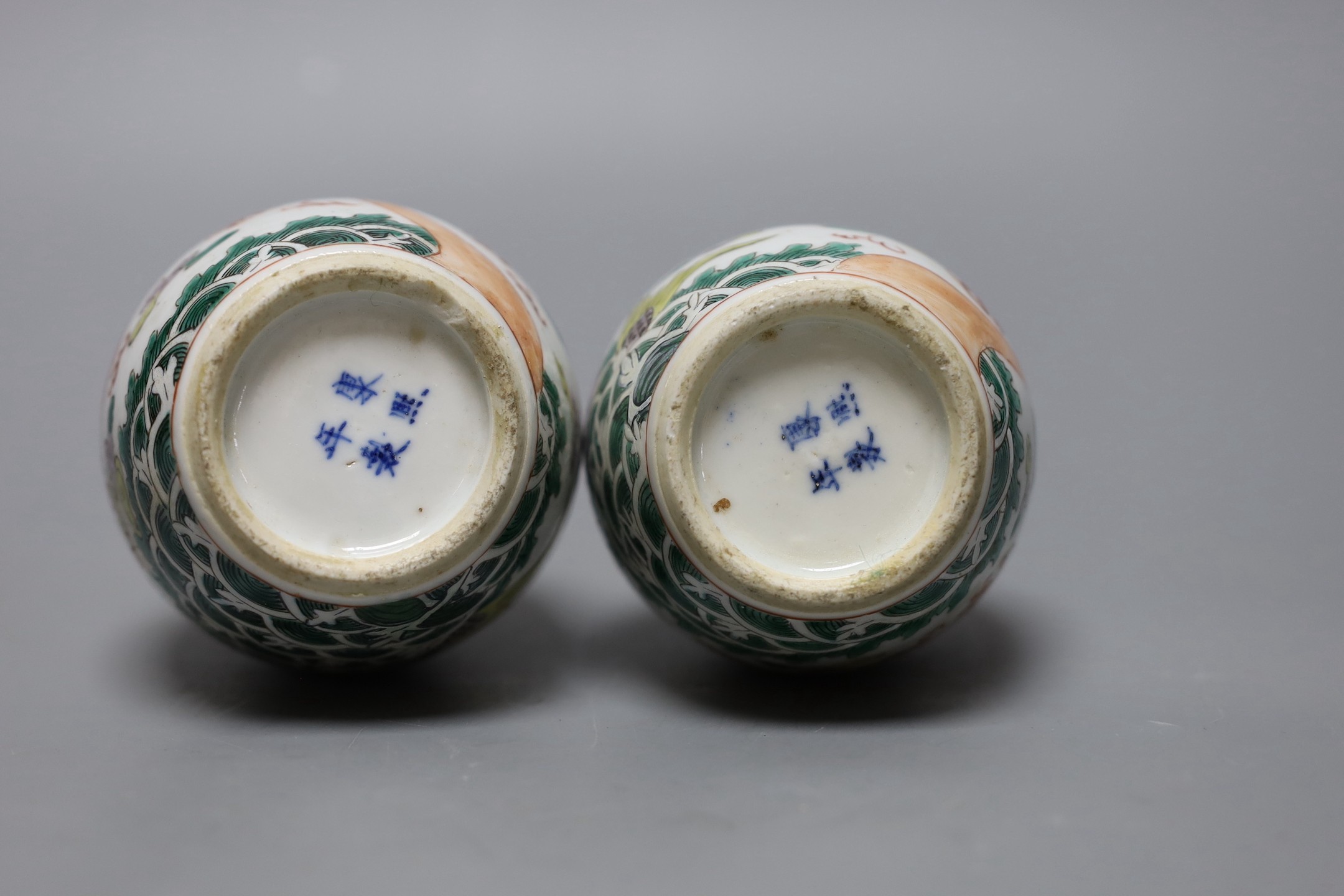 A pair of Chinese enamelled porcelain ‘dragon’ bottle vases, Kangxi marks probably Guangxu period, 15cms high